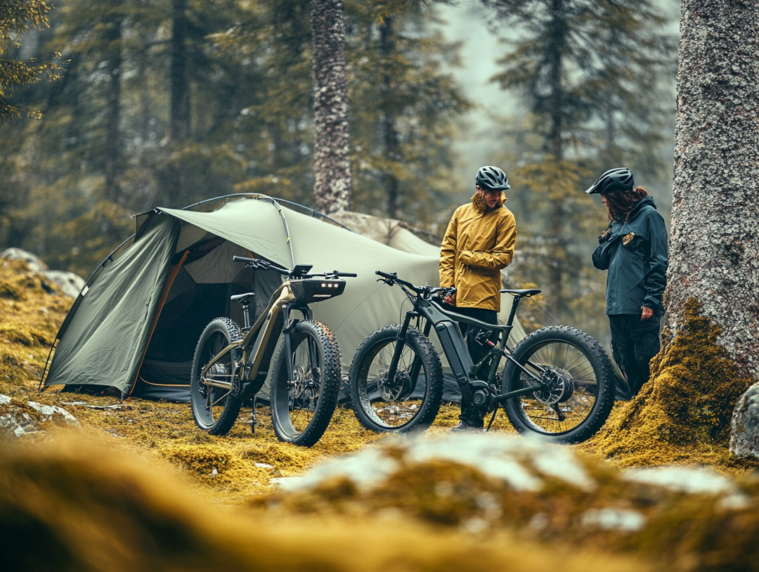 Two people with fat tire electric bikes camping in a misty forest, standing next to a large tent surrounded by moss and trees.