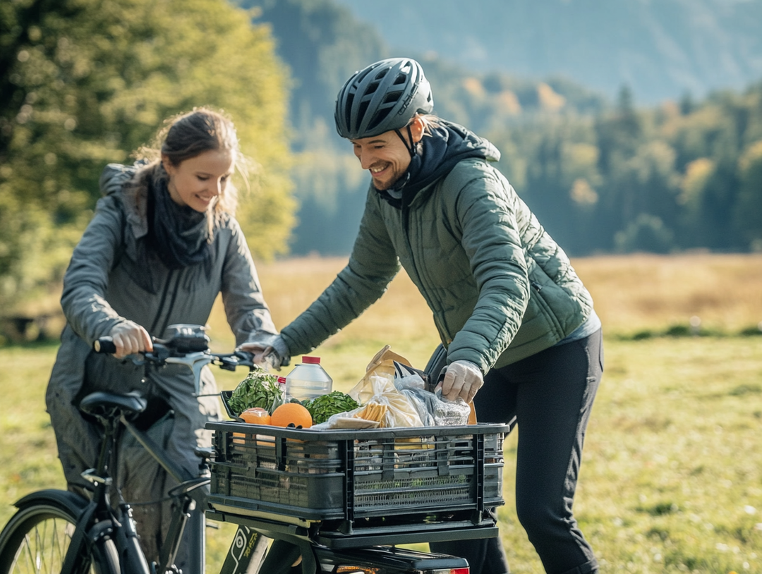 Smiling couple unloading fresh groceries from an electric cargo bike in a scenic field, wearing helmets and cold-weather jackets.