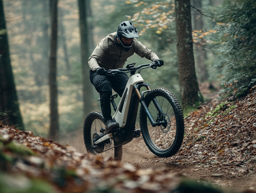 Mountain biker riding an electric mountain bike down a forest trail on a misty autumn day.
