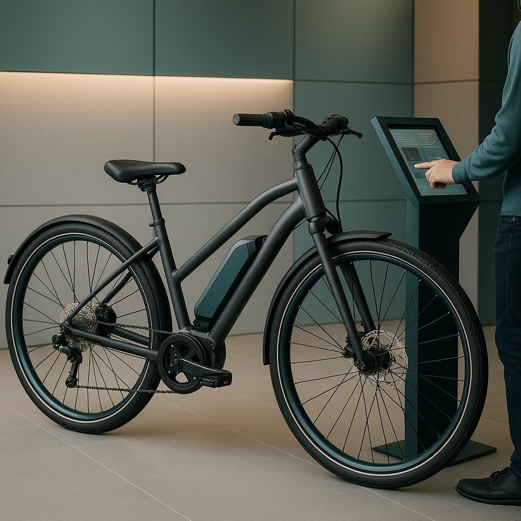 Electric bike displayed next to a digital kiosk in a modern showroom, with a person using the touchscreen.