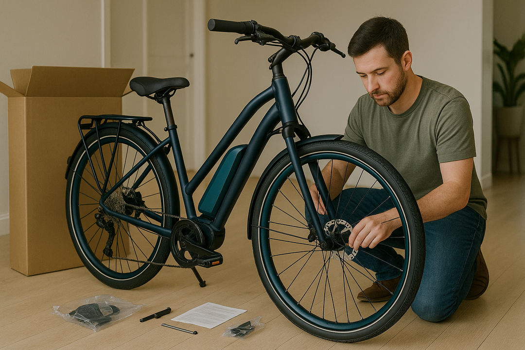 Man assembling an electric bike at home with tools and packaging on the floor, showing the ease of DIY setup.