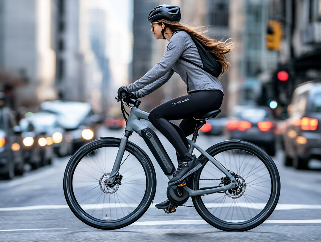 Woman commuting on an electric bike through a downtown city intersection during rush hour.