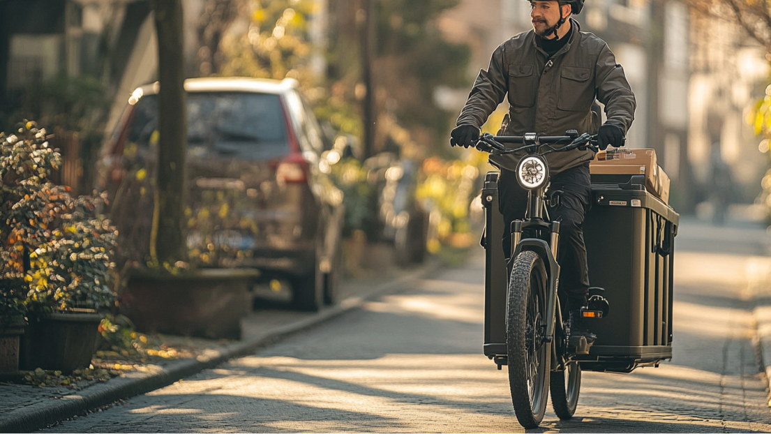 Delivery rider on an electric cargo bike carrying packages through a quiet residential neighborhood on a sunny morning.