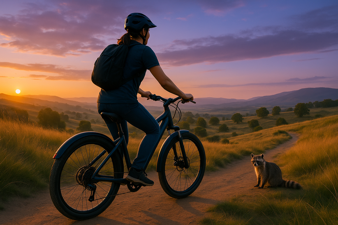 Woman on e-bike at sunset encountering a raccoon on a scenic trail.