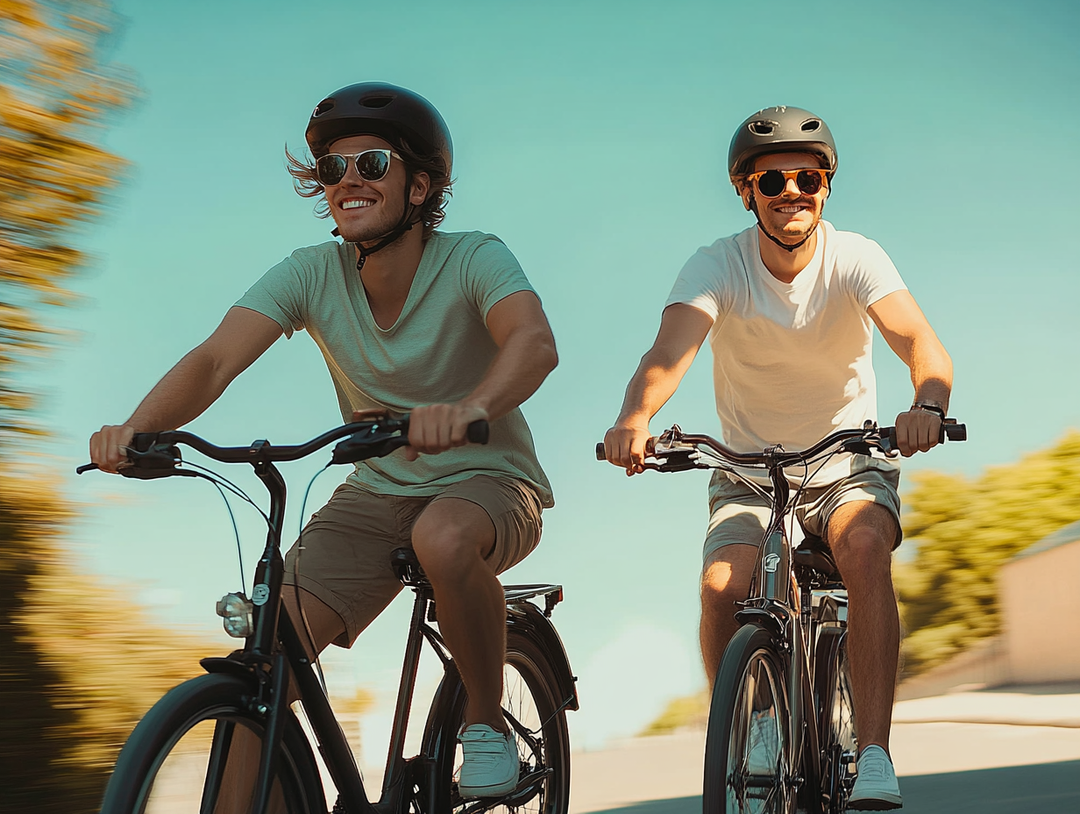 Two young men wearing helmets and sunglasses riding electric bikes together on a sunny day, smiling and enjoying an urban ride.