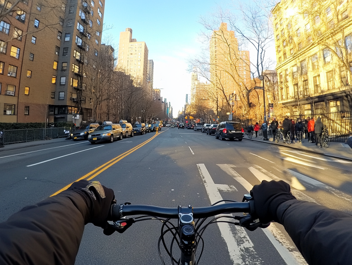 First-person view of an e-bike rider commuting through a busy city street surrounded by tall buildings and traffic.