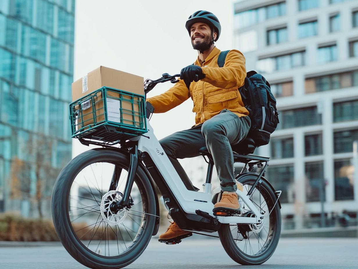Smiling man riding an electric cargo bike through the city with a package in a front crate, wearing a backpack and helmet.