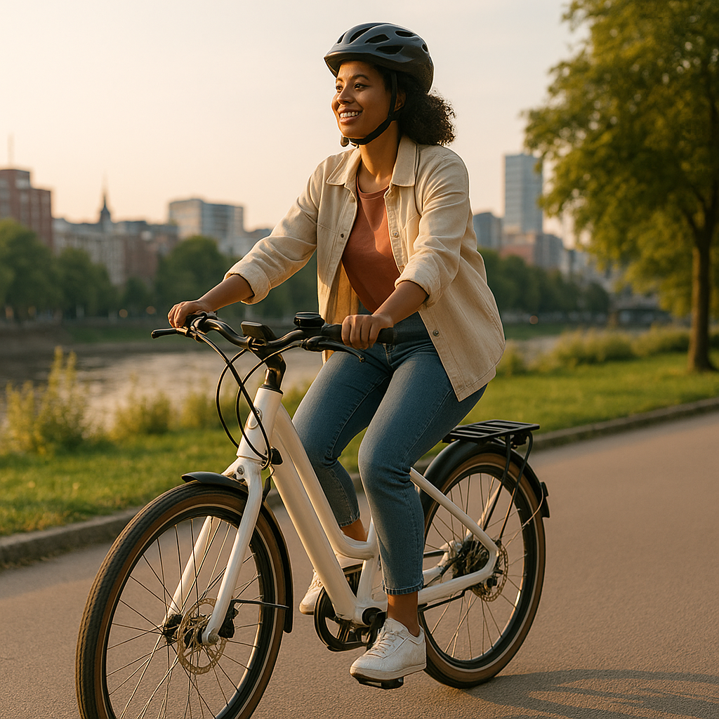 Young woman riding a white commuter e-bike through an urban park at golden hour