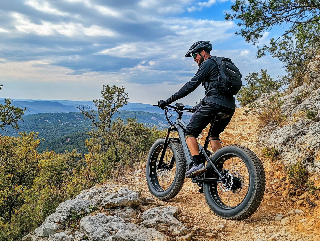 Man riding a fat tire electric mountain bike on a rocky trail with panoramic forest and mountain views.