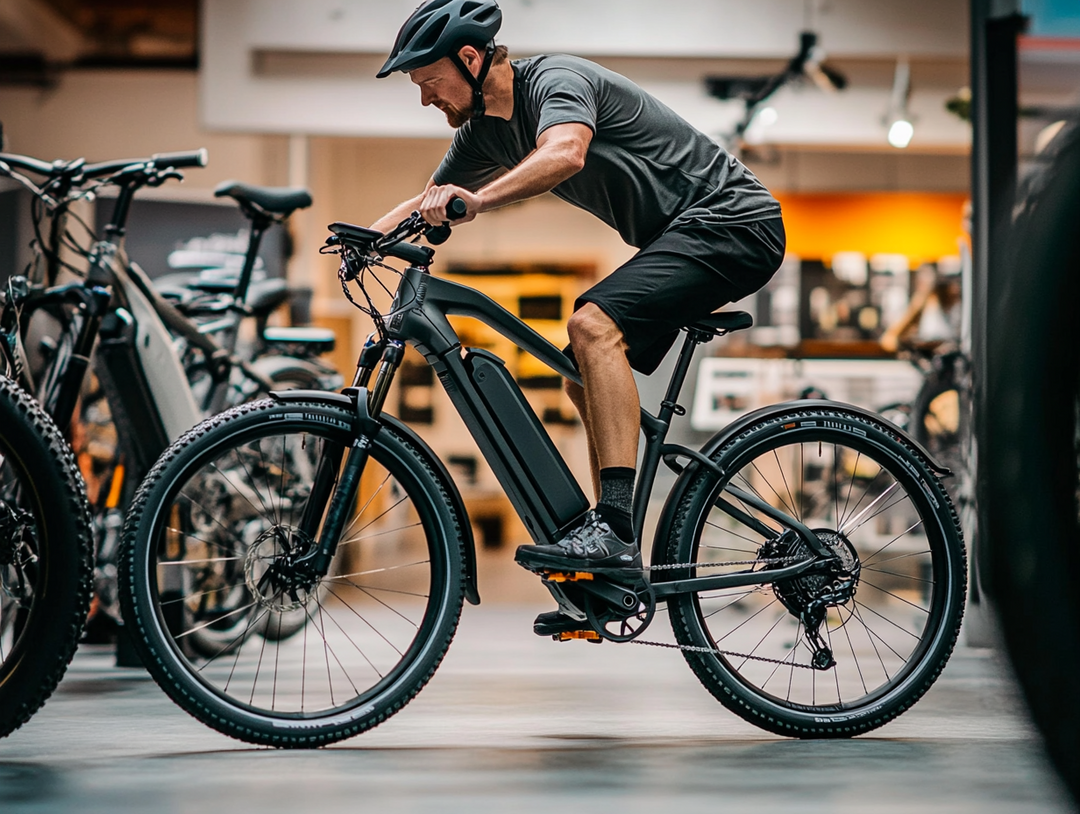 Man test riding a black electric mountain bike inside a modern bicycle store, surrounded by other e-bikes.
