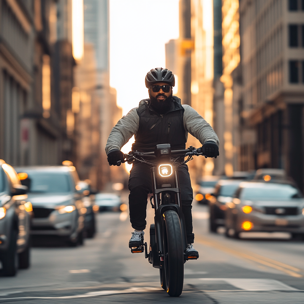 Man riding a rugged electric bike through a city street at sunset, surrounded by traffic.