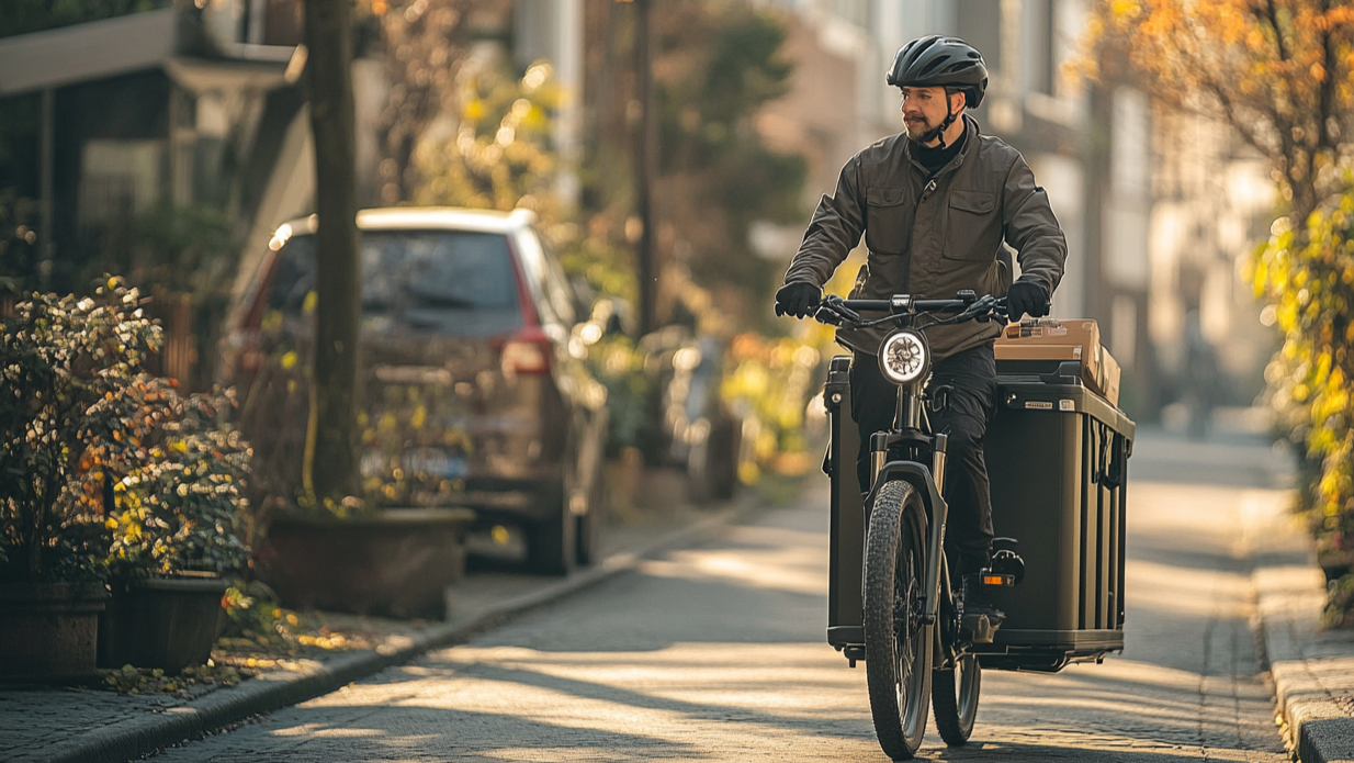 Male delivery rider on an electric cargo bike transporting boxes through a residential neighborhood on a sunny morning.