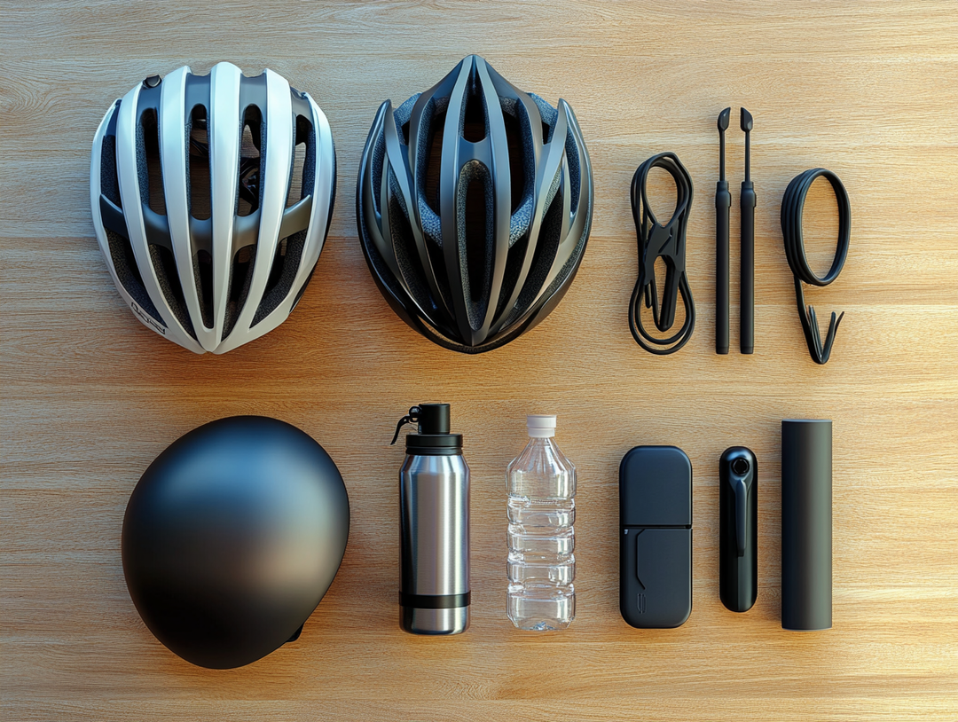Top-down view of essential e-bike gear including helmets, water bottles, tools, and accessories arranged on a wooden surface.