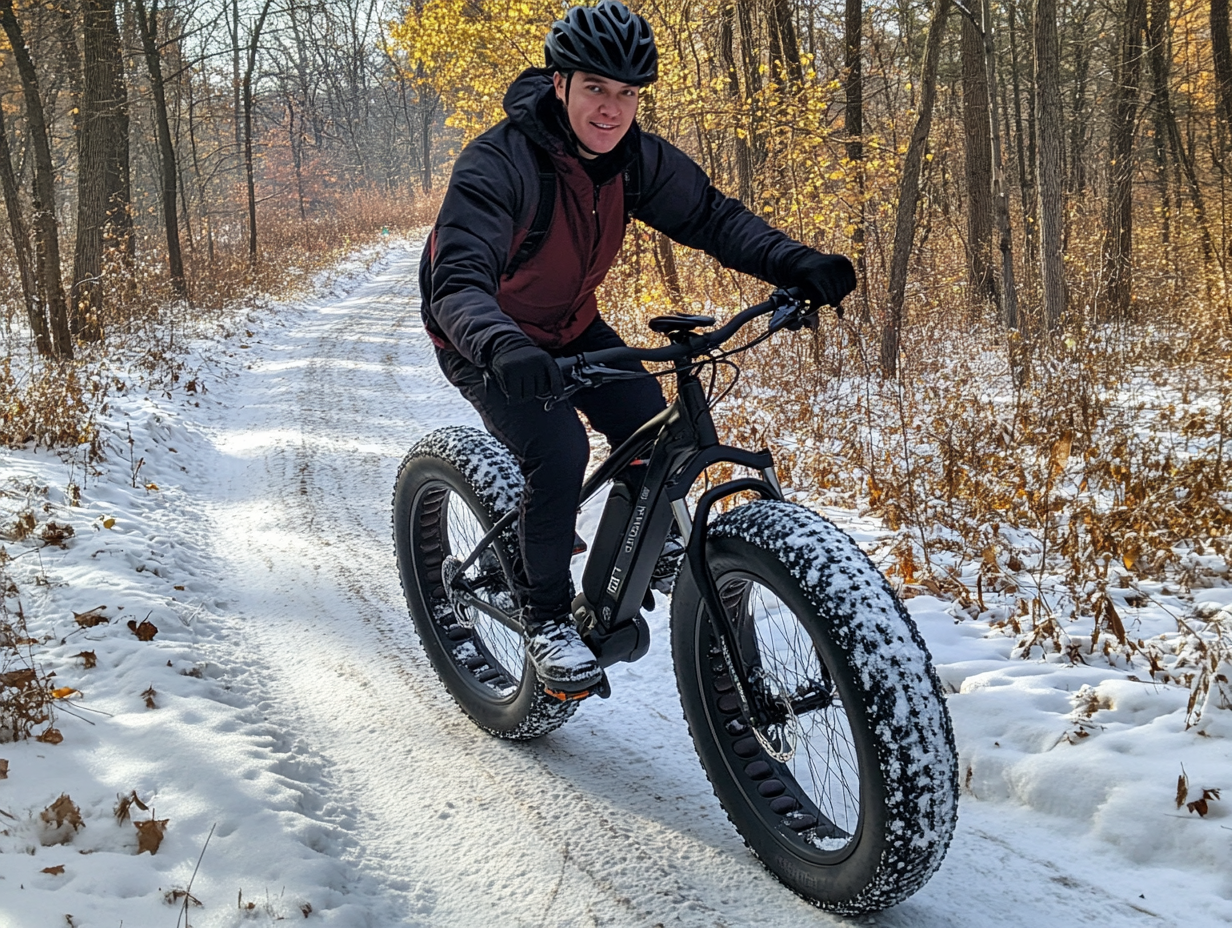 Person riding a fat-tire e-bike on a snowy forest trail during winter.