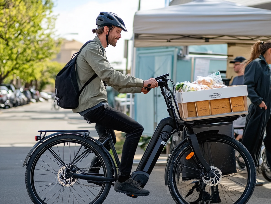 Man riding an electric bike with a front basket full of fresh groceries from a local farmers market, wearing a helmet and backpack.