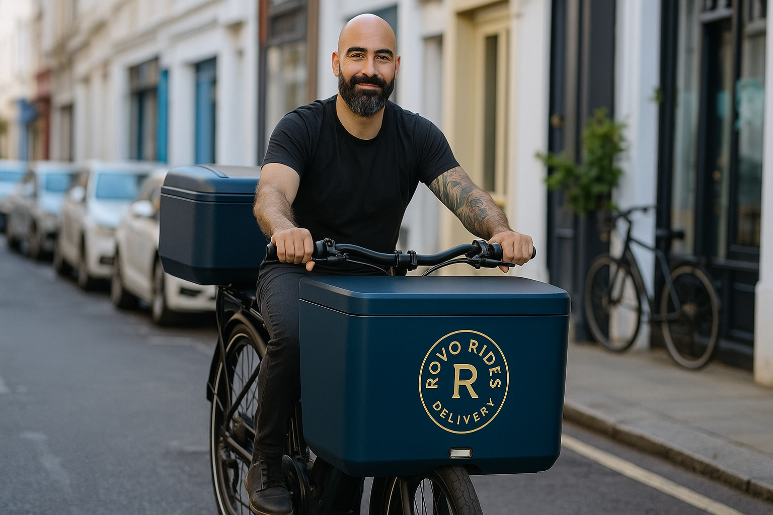 Male courier smiling while riding a Rovo Rides electric delivery bike with front and rear cargo boxes on a city street.