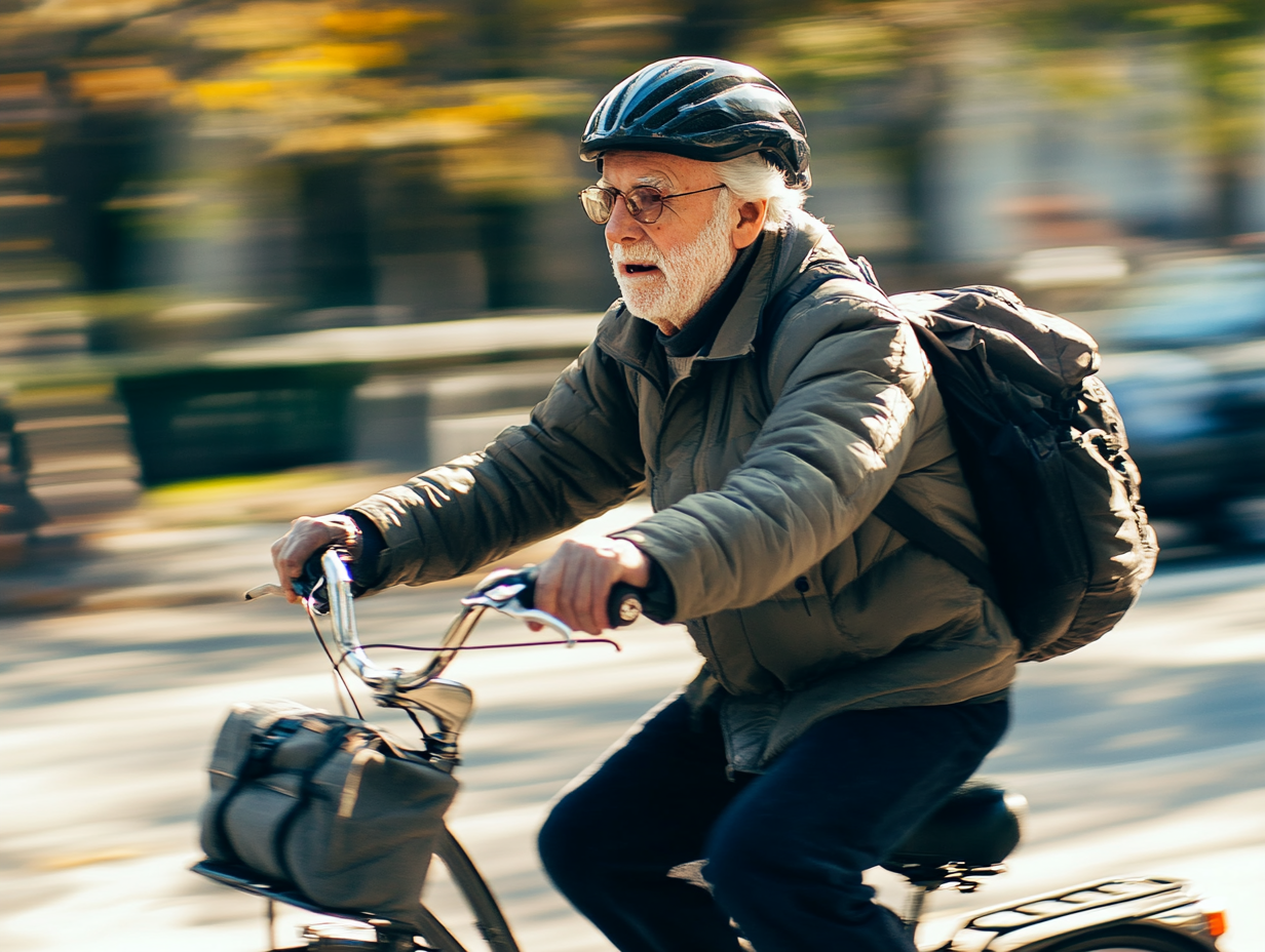 Older man with white beard riding an electric bike through the city wearing a helmet, backpack, and winter jacket.