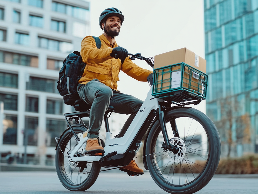 Smiling man riding an electric cargo bike through the city with a package in a front crate, wearing a backpack and helmet.