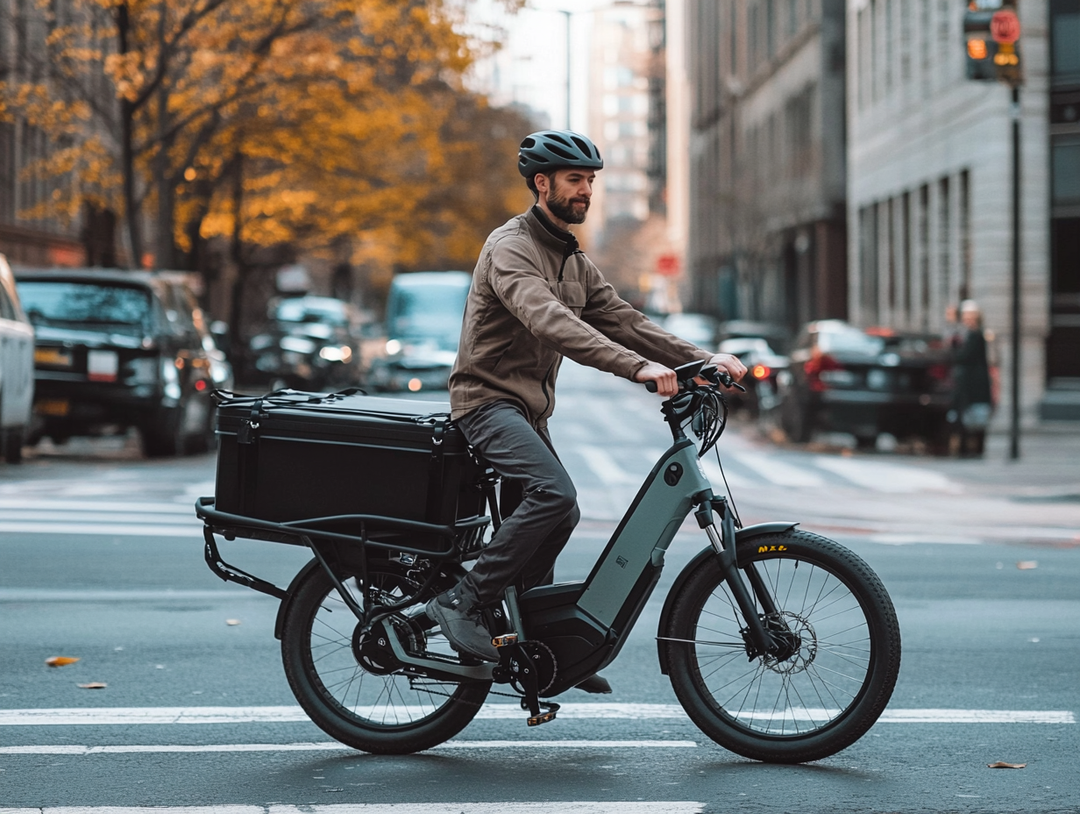 Man riding a cargo e-bike through a city intersection with a large black storage box, surrounded by autumn colors and city traffic.