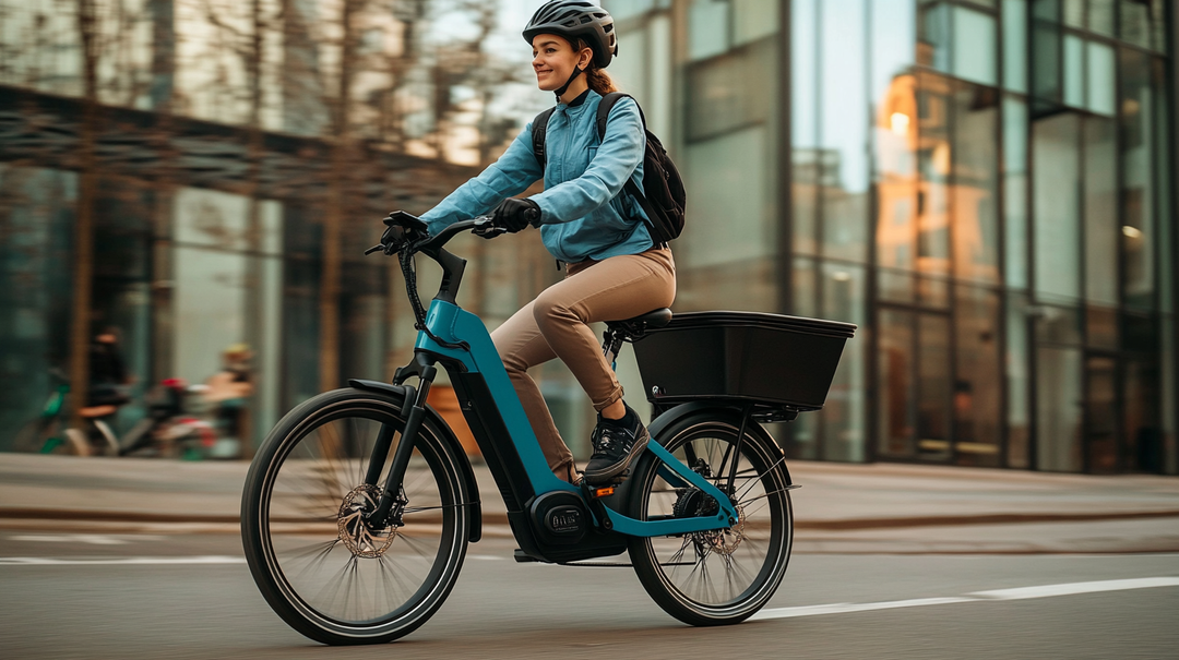 Woman commuting on a step-through electric bike with a blue frame and rear cargo box, riding through a modern city center.
