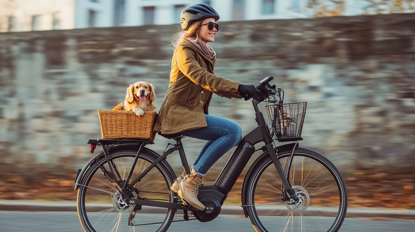 Smiling woman riding a step-through electric bike with a dog sitting in a rear basket on a city street, wearing a helmet and fall jacket.