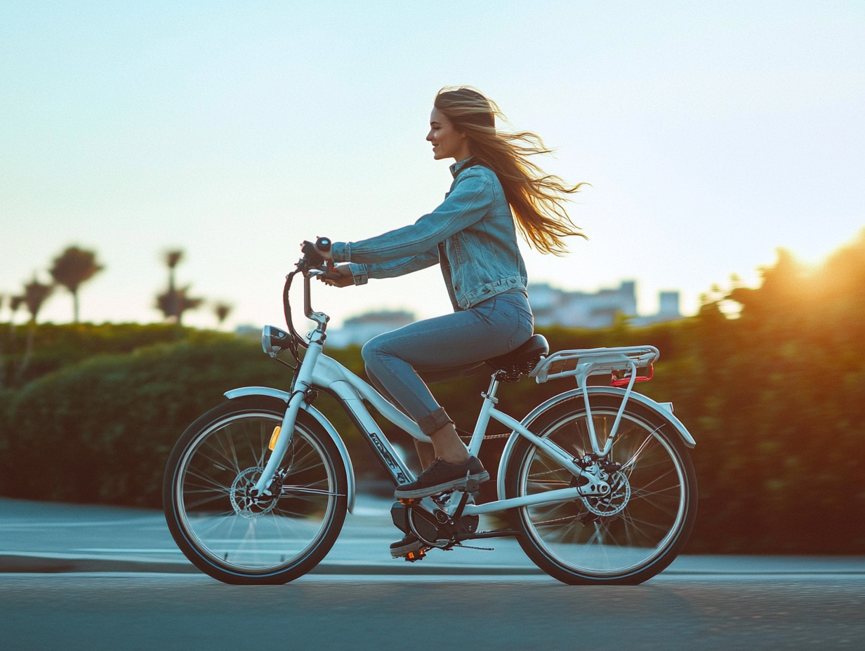Young woman riding a white step-through electric bike near the coast at sunset, wearing a denim jacket and casual shoes.